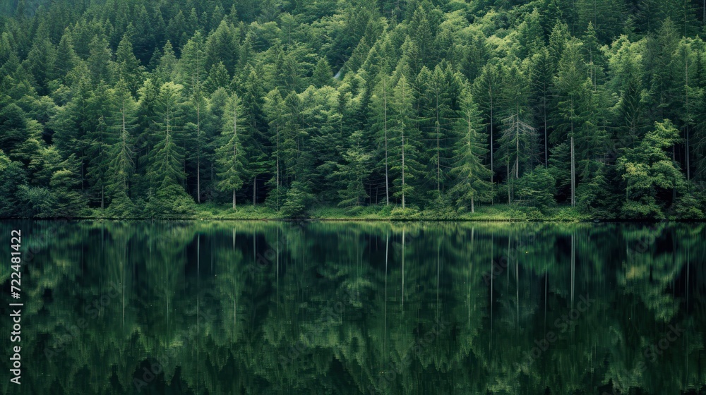  a forest filled with lots of green trees next to a body of water with lots of water in front of it.