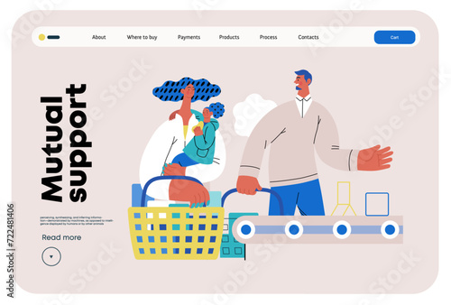 Mutual Support: Skip ahead in line -modern flat vector concept illustration of man letting woman with child go ahead in shop checkout line A metaphor of voluntary, collaborative exchanges of services