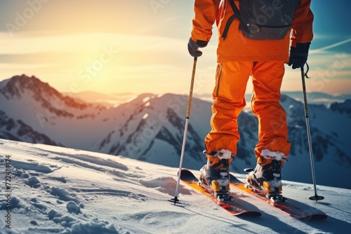 A person on skis standing on a snowy hill. Suitable for winter sports and outdoor activities