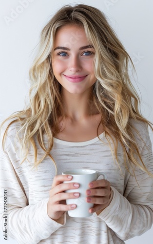 Portrait of a pretty cheerful casual girl standing isolated over white background, drinking takeaway coffee.