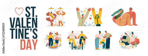 Valentines day illustrations set - modern flat vector concept illustrations of couples celebrating their love, acting together, floral environment. Metaphor of unity, affection, love, connection