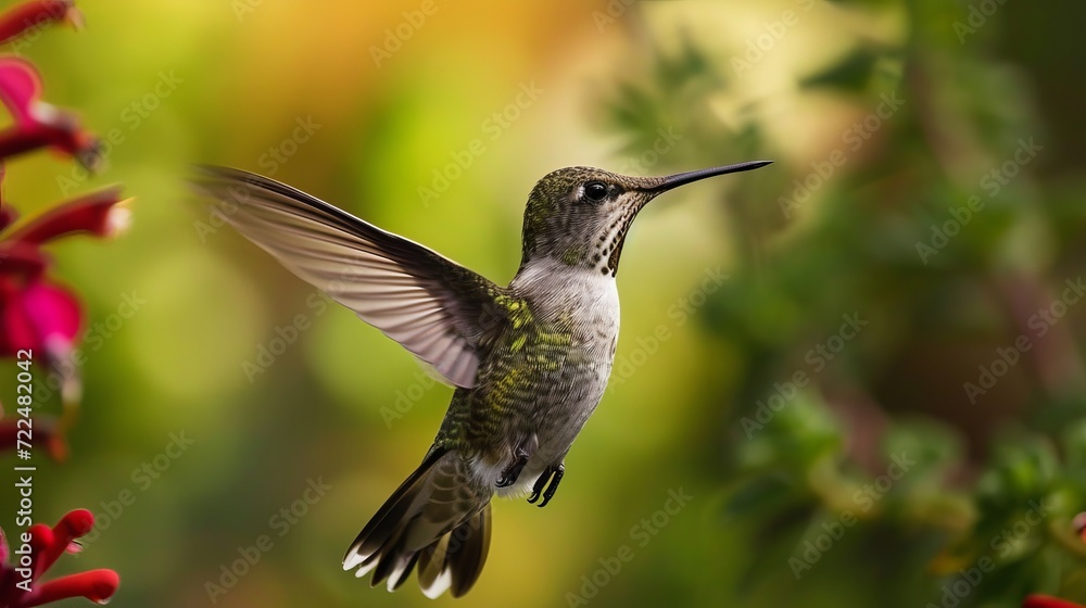 Hummingbird in Flight with Flowers and Greenery Hummingbird in Flight with Flowers and Greenery