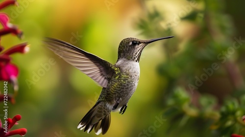 Hummingbird in Flight with Flowers and Greenery
