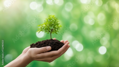 plant in hand A female hand holding a small tree on a green background. The hand is gentle and caring, 