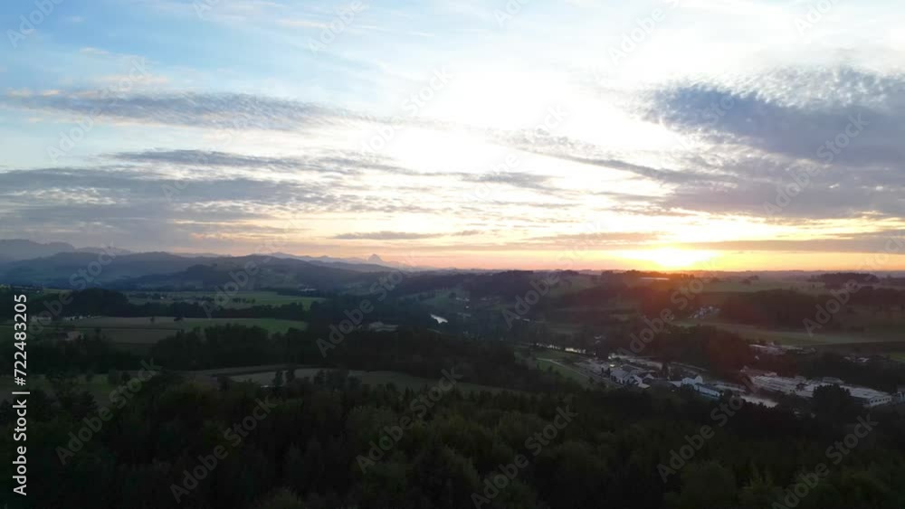 aerial of rural landscape at sunset in Upper Austria