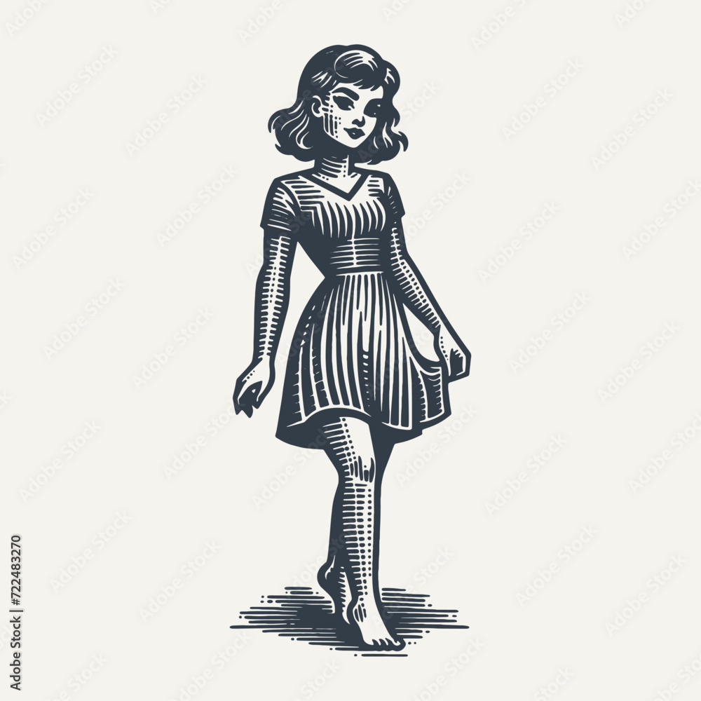 Obraz premium Retro Girl in a Dress standing. Vintage woodcut engraving style vector illustration. 