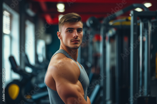 Portrait of sporty man in gym. Happy athletic fit muscular man in fitness center