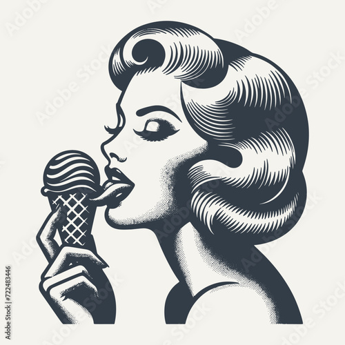 Retro girl eating ice cream. Vintage woodcut engraving style vector illustration.