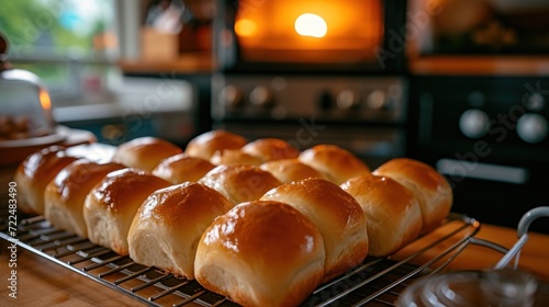  a bunch of bread rolls sitting on a cooling rack in front of a wood burning stove with an oven in the background.