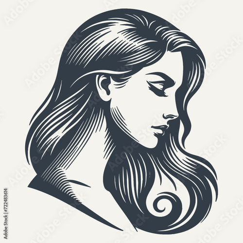 Retro girl profile. Vintage woodcut engraving style vector illustration.