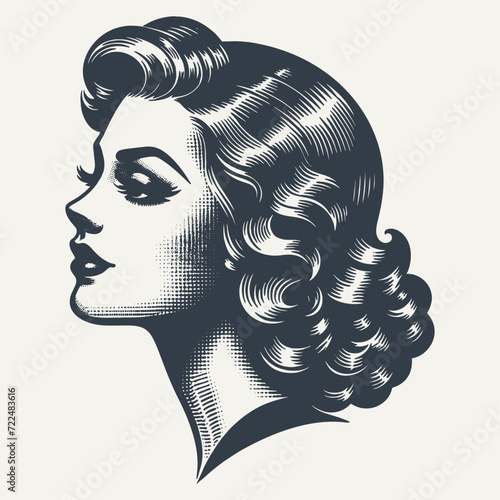 Retro girl profile. Vintage woodcut engraving style vector illustration.