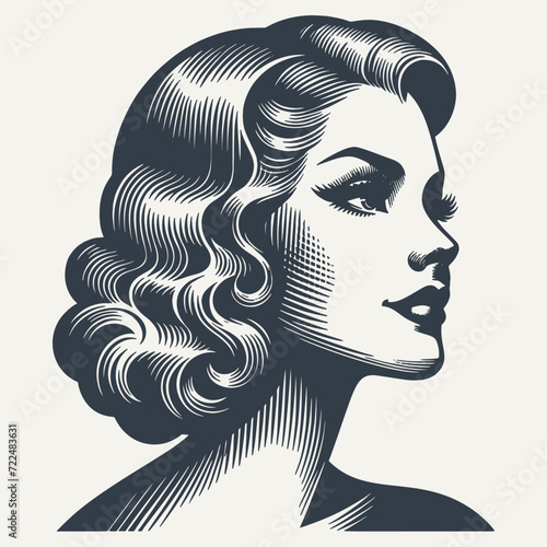 Retro girl portrait. Vintage woodcut engraving style vector illustration.