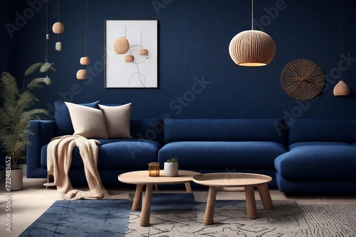 Modern Living Room with Deep Blue Sofa, Wooden Coffee Tables, and Elegant Decorative Elements Against a Dark Blue Wall photo