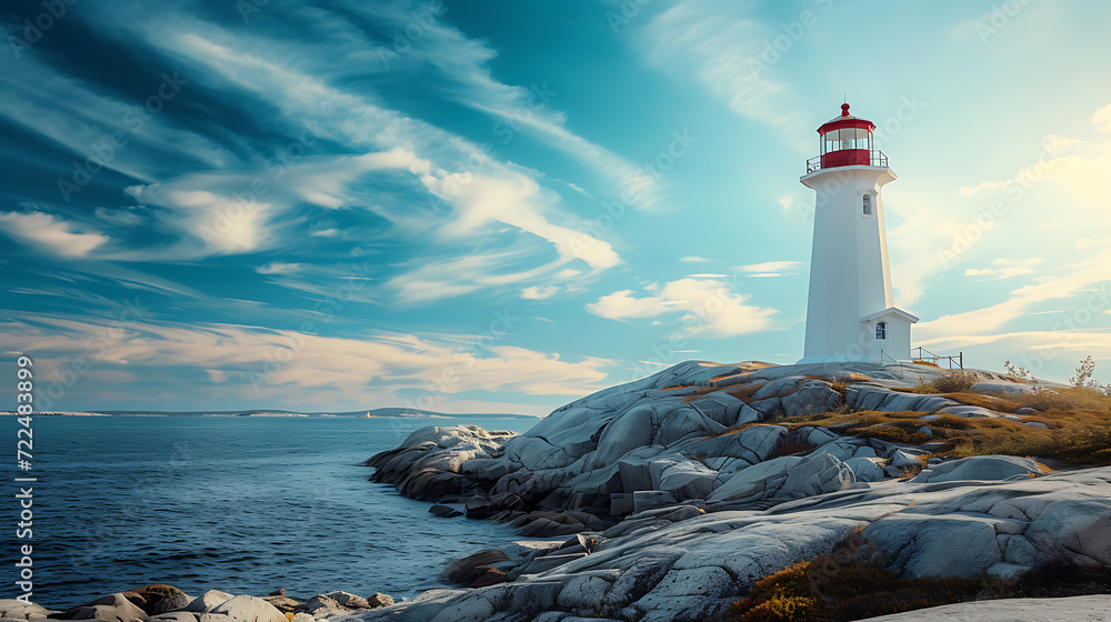A mesmerizing view of a charming lighthouse perched on a rugged, rocky coastline, as crashing waves add drama to the scene. Perfect for travel blogs or coastal-themed designs.