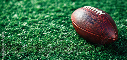 Brown American football ball on green artificial stadium turf background. Top view