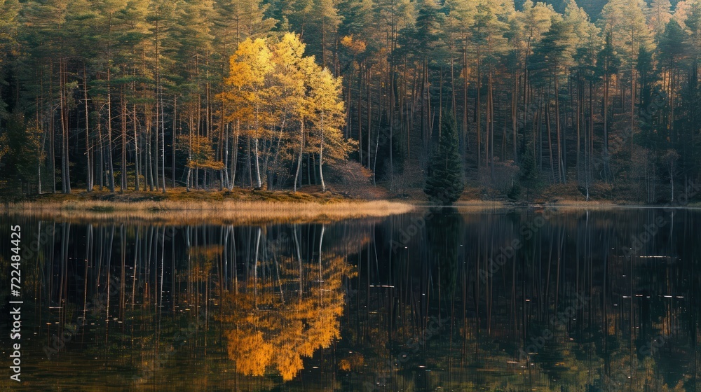 a body of water surrounded by trees and a forest filled with yellow and green leaves on both sides of the water. a body of water surrounded by trees and a forest filled with yellow and green leaves on both sides of the water.