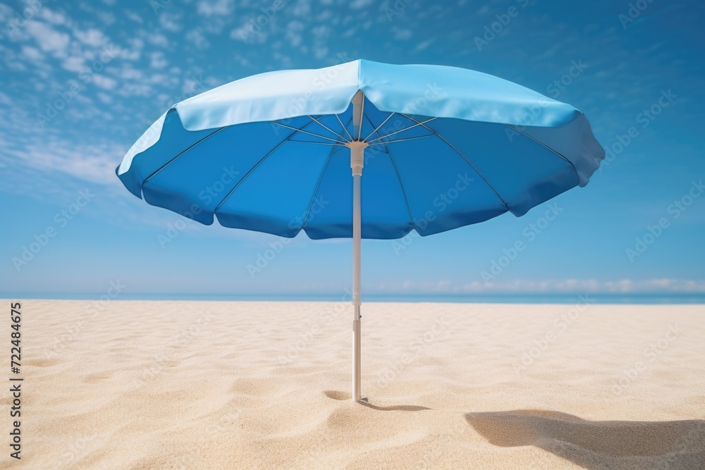 A blue umbrella sits atop a sandy beach, providing shade and relaxation. Perfect for summer vacation or beach-themed designs