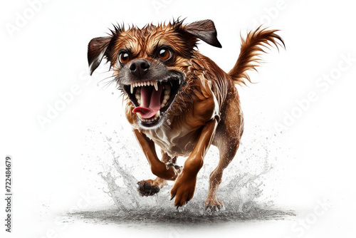 full body funny angry wet dog with open mouth emotion on white background with water splash. ai generative