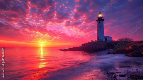  a light house sitting on top of a cliff next to the ocean under a purple and red sky with clouds.
