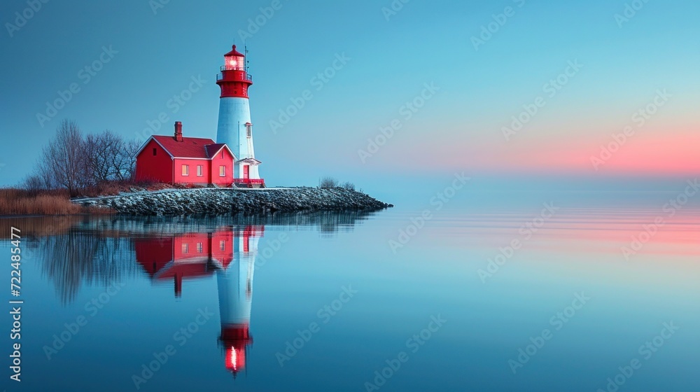 a red and white light house sitting on top of a rock in the middle of a body of water with a pink and blue sky in the background.