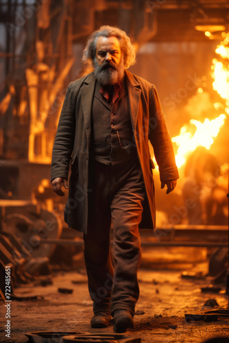 Karl Marx walking through a manufacturing hall in the 19th century (generative AI)
