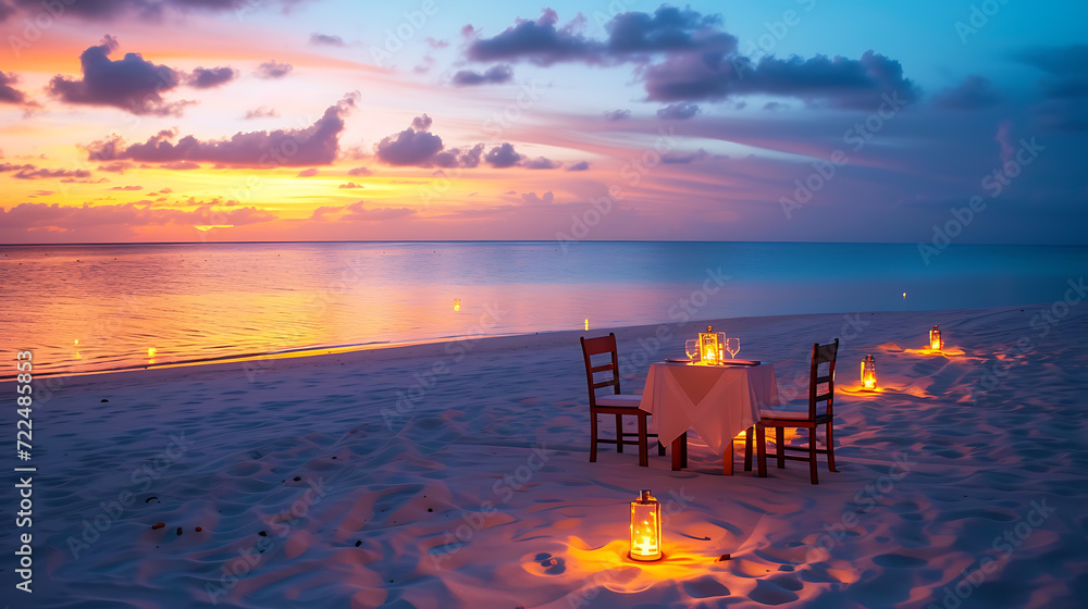 Experience the magic of love under the enchanting glow of candlelight on a serene beach at sunset. This romantic dinner setting offers a picturesque backdrop for two hearts to connect.