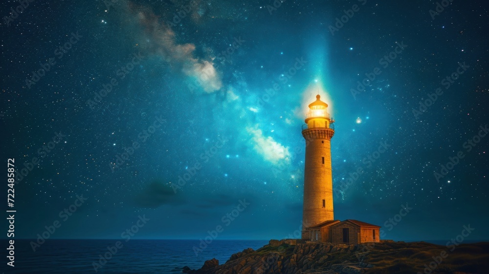  a lighthouse sitting on top of a rocky cliff under a night sky filled with stars and a star filled sky.