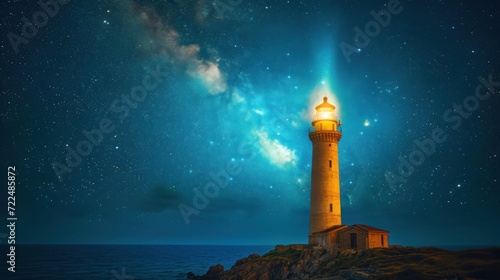  a lighthouse sitting on top of a rocky cliff under a night sky filled with stars and a star filled sky.