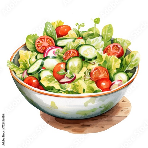  Watercolor-Style bowl of fresh garden salad Illustration with White Background