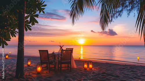 Experience the magic of love under the enchanting glow of candlelight on a serene beach at sunset. This romantic dinner setting offers a picturesque backdrop for two hearts to connect.