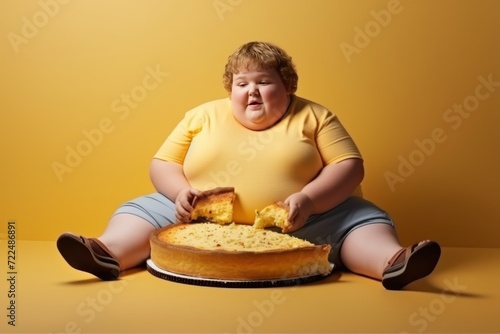 Fat woman sitting on the floor and eating cake. Over yellow background. Child with obesity. Overweight and obesity concept. Obesity Concept with Copy Space.