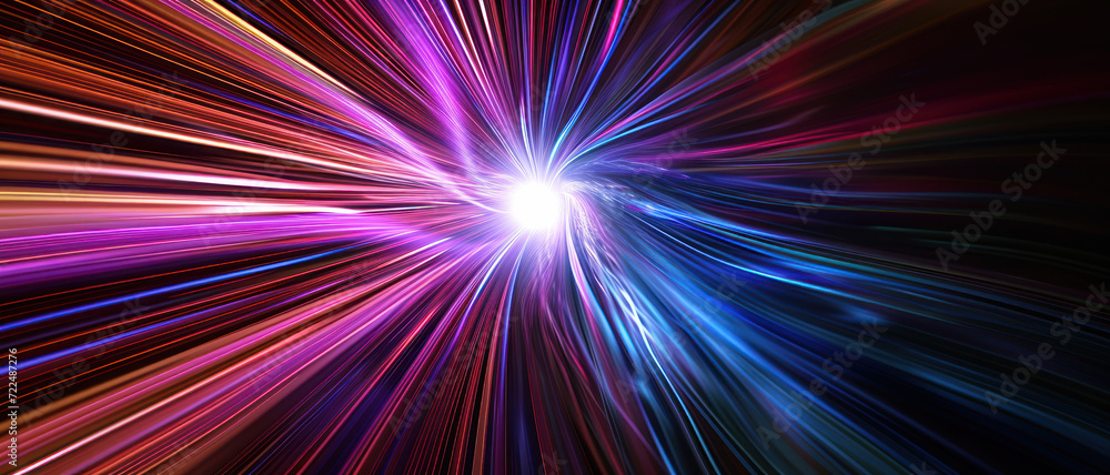 Abstract multicolored curve lines in dark space, perspective fast light trails in cyberspace. Digital energy on black background. Concept of neon, science, technology, color, data, speed. Abstract multicolored curve lines in dark space, perspective fast light trails in cyberspace. Digital energy on black background. Concept of neon, science, technology, color, data, speed.