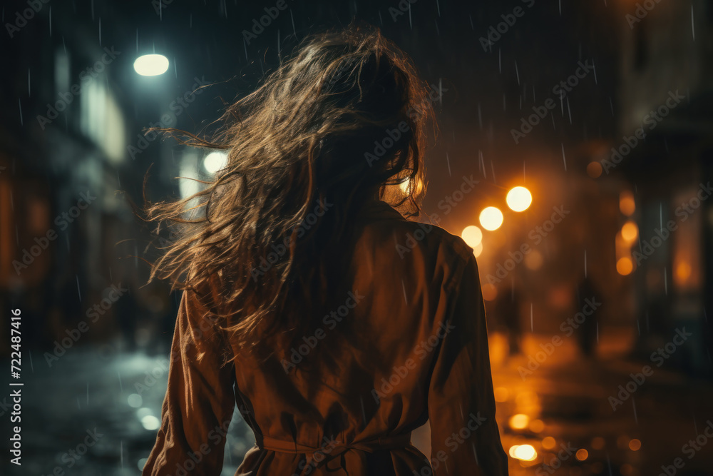 Lone young woman walks away down dark city street in rain, back view. Scared girl with long hair at night alone. Female person like in thriller or horror movie. Concept of fear, crime