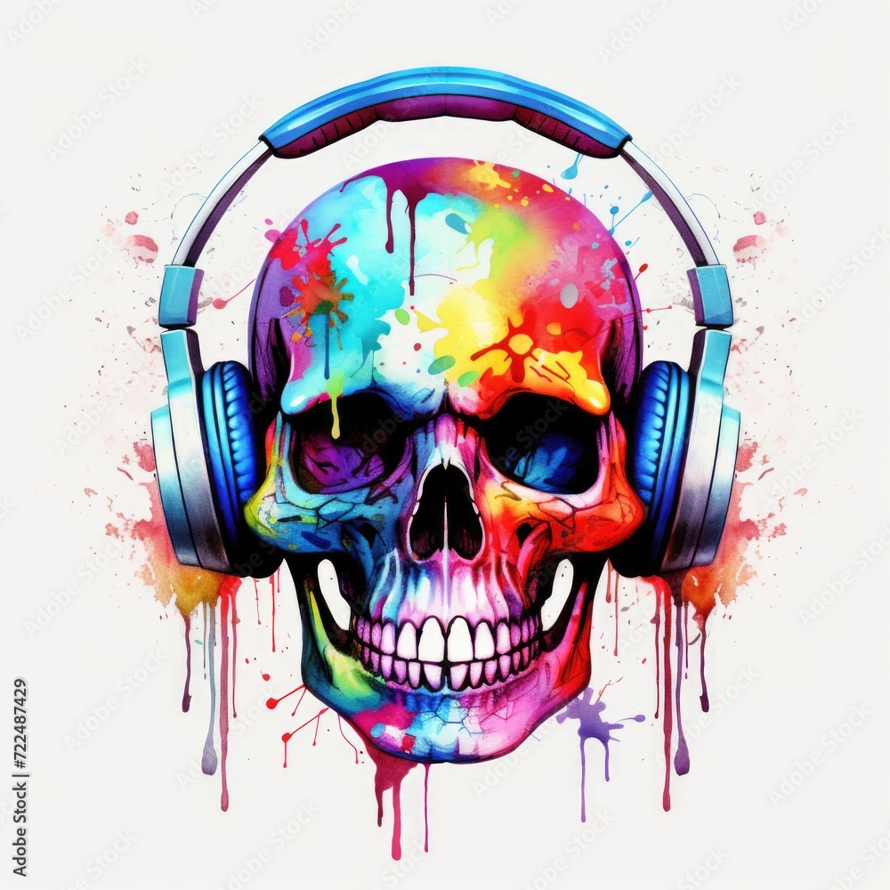 Watercolor-Style colorful scull in headphones with White Background