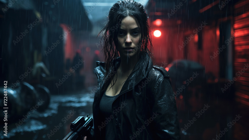 Young woman in black jacket holding gun at night, female spy or killer with weapon in rain. Adult girl on dark street like in thriller movie. Concept of detective, murderer, mercenary Young woman in black jacket holding gun at night, female spy or killer with weapon in rain. Adult girl on dark street like in thriller movie. Concept of detective, murderer, mercenary