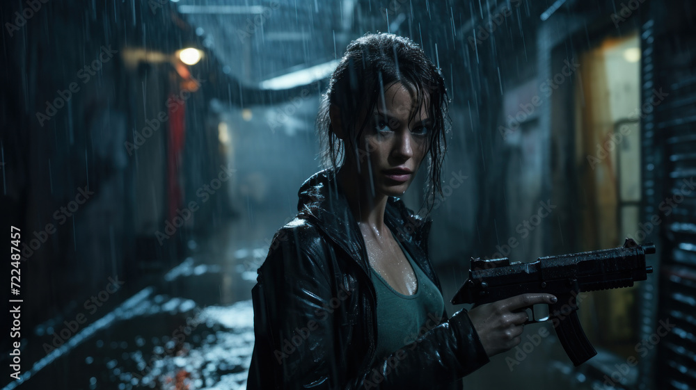 Obraz premium Young woman in black jacket holding gun at night, female detective or killer with weapon in rain. Adult girl on dark street like in thriller movie. Concept of spy, murderer, mercenary