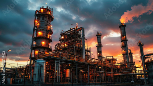 Factory in lights at sunset, scenery of oil and gas refinery plant or petrochemical industry. Chemical petroleum industrial buildings and sky. Concept of power, steel, facility photo