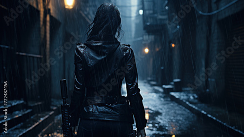 Young woman in black jacket holding gun walks away at night, female spy or killer with weapon. Person on dark street like in thriller movie. Concept of murderer, mercenary, people