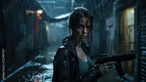 Young woman in black jacket holding gun at night, female detective or killer with weapon in rain. Adult girl on dark street like in thriller movie. Concept of spy, murderer, mercenary photo
