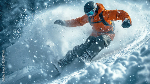 Skier in mask going down mountain slope on snowy background, man in orange jacket skiing downhill spraying snow in winter. Concept of sport, splash, extreme, powder, piste and travel.