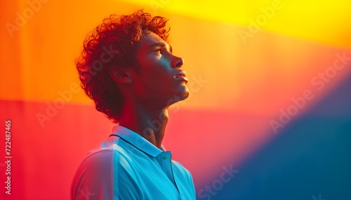 Junger Mann im Profil schaut nach oben vor einem buntem Hintergrund (KI-/AI-generiert) photo