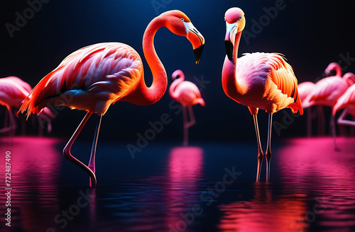 Pink flamingos on dark blurred background. 