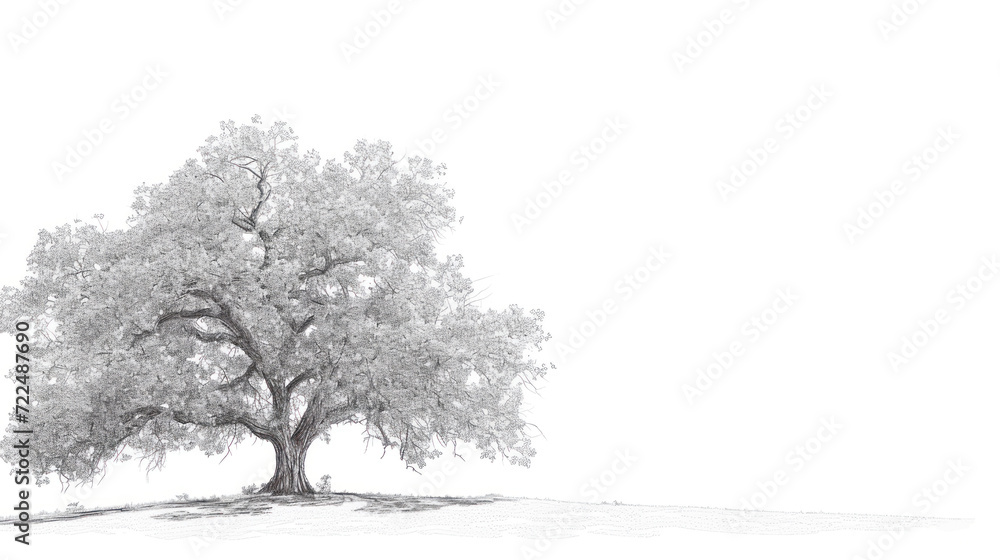 Fototapeta premium a black and white photo of a tree in the middle of a field with a white sky in the background.