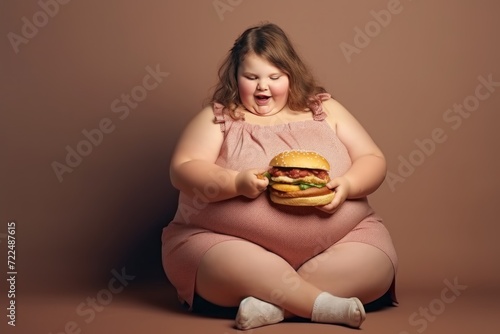 Fat girl with hamburger on a brown background. The concept of fast food. Child with obesity. Overweight and obesity concept. Obesity Concept with Copy Space.
