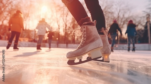 People enjoying ice skating on a picturesque ice rink at sunset. Ideal for winter sports or holiday-themed projects