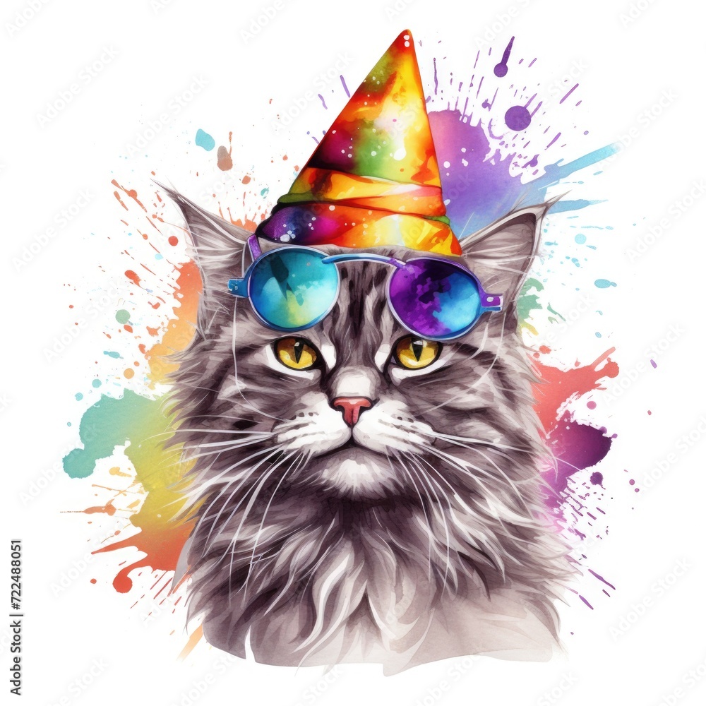 Watercolor-Style cute cat in party hat and sunglasses with White Background.