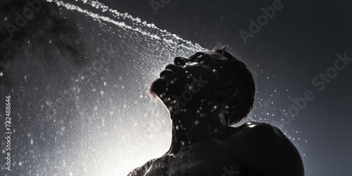 A man is seen spraying water on his face. This image can be used to depict refreshing oneself or for skincare and hygiene-related concepts photo