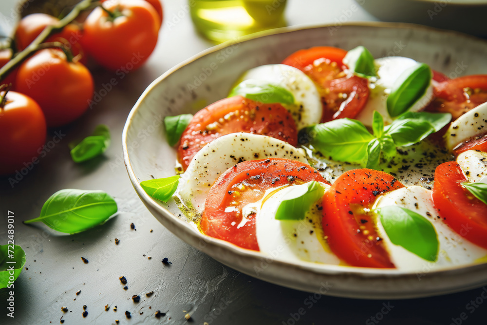 Caprese salad with sliced tomatoes, mozzarella, basil, olive oil. Organic and healthy. Generative AI Caprese salad with sliced tomatoes, mozzarella, basil, olive oil. Organic and healthy. Generative AI