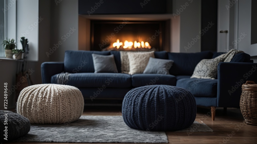 Cozy Living Room Interior with Blue Sofa, Knitted Poufs, Fireplace, and Modern Home Decor Cozy Living Room Interior with Blue Sofa, Knitted Poufs, Fireplace, and Modern Home Decor