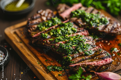 Homemade grilled steak with chimichurri sauce and spices. Generative AI